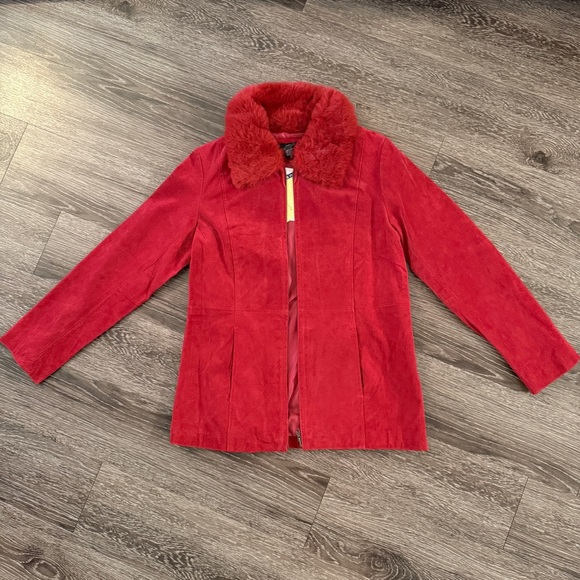 Centigrade Leather Red Faux Fur Collar Leather Zip Up Jacket - Picture 1 of 9